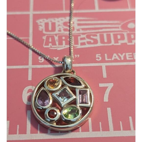 925 Sterling Silver Bezel Set Multi-Gemstone Necklace & Ring Set Ring Size 6 - Picture 9 of 12